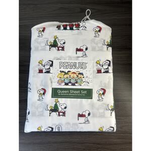 Peanuts Snoopy Queen Sheet Set White Woodstock & Charlie Linus Christmas NEW
